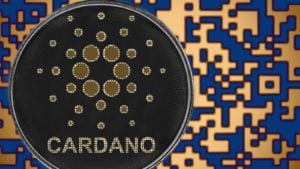 파란색과 주황색 디지털 배경이 있는 Cardano(ADA) 토큰.