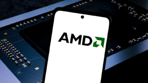 이 사진 일러스트에서는 AMD 로고가 스마트폰 화면에 표시되어 있습니다.
