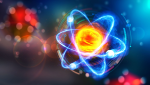 HUD 디스플레이 배경에 있는 원자의 3D 그림. 원자력, 원자력을 묘사하다