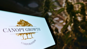 웹페이지 앞 화면에 캐나다 대마초 회사인 Canopy Growth Corporation의 로고가 표시된 스마트폰. 대마초 식물이 배경에 있습니다. CGC 주식.