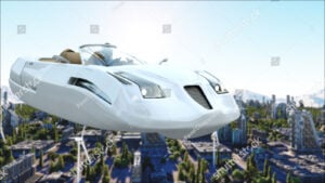 도시 상공을 맴도는 미래형 비행 자동차의 렌더링.